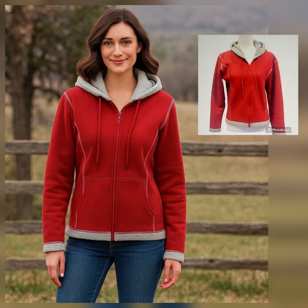 Garnet Hill Barn Red and Gray Fleece Lined Scuba Hoodie Zip Up Jacket